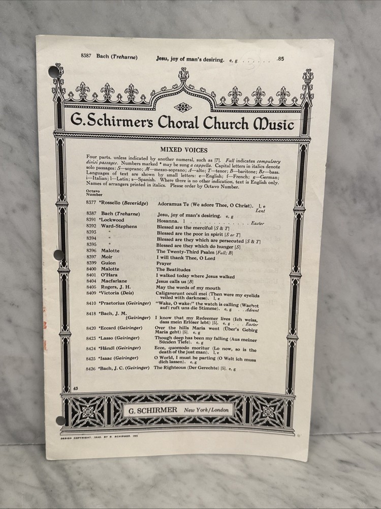 Jesu Joy Of Man’s Desiring Mixed Voices Schirmer&rsquo;s Choral Church Music 1940