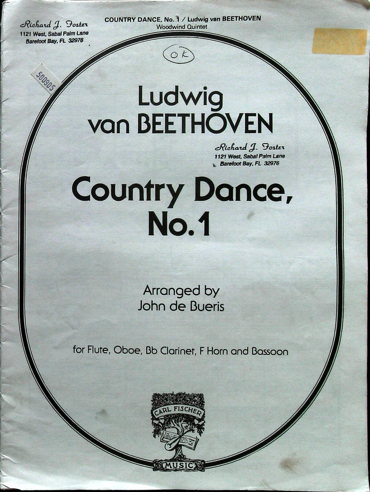 Ludwig van Beethoven Country Dance No. 1 Full Score and Parts – Woodwind Quintet