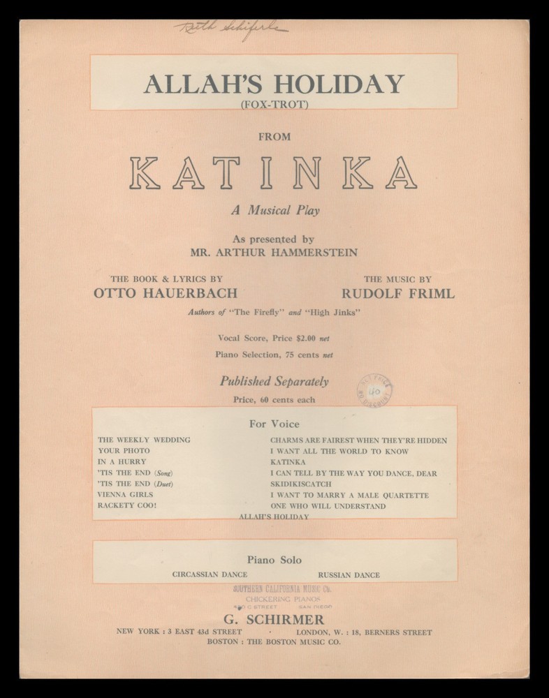 KATINKA Friml 1915 Allahs&rsquo; Holiday SCARCE PIANO FOX TROT SOLO Show Sheet Music