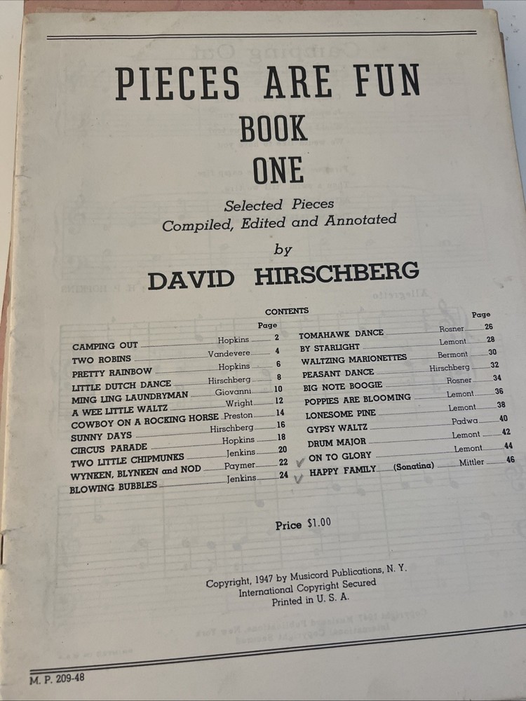 1940&rsquo;s Pieces are Fun David Hirschberg Favorites Vtg Sheet Music Book 1