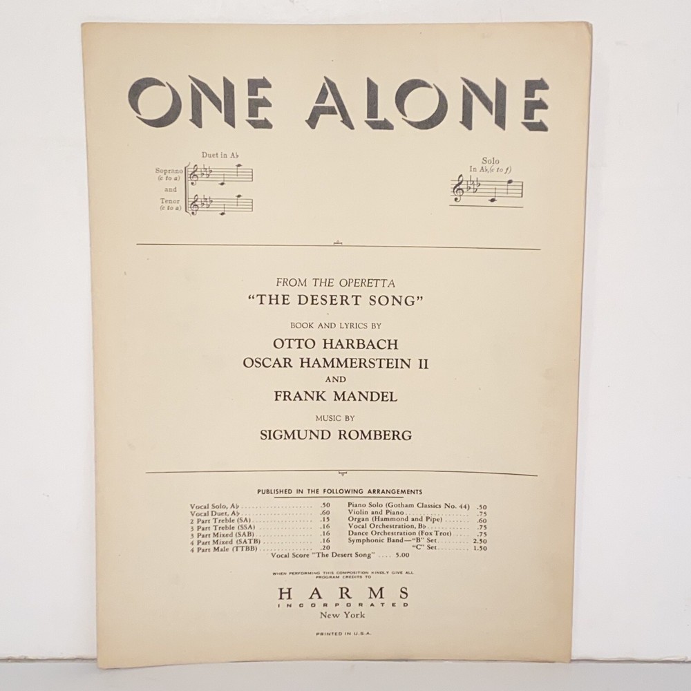 Vintage 1926 One Alone Sheet Music from the Operetta The Desert Song