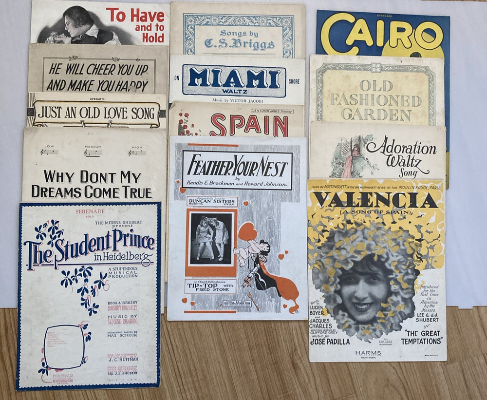 Vintage Sheet Music Lot of 13 Miami Spain Cairo Valencia Adoration Waltz Briggs