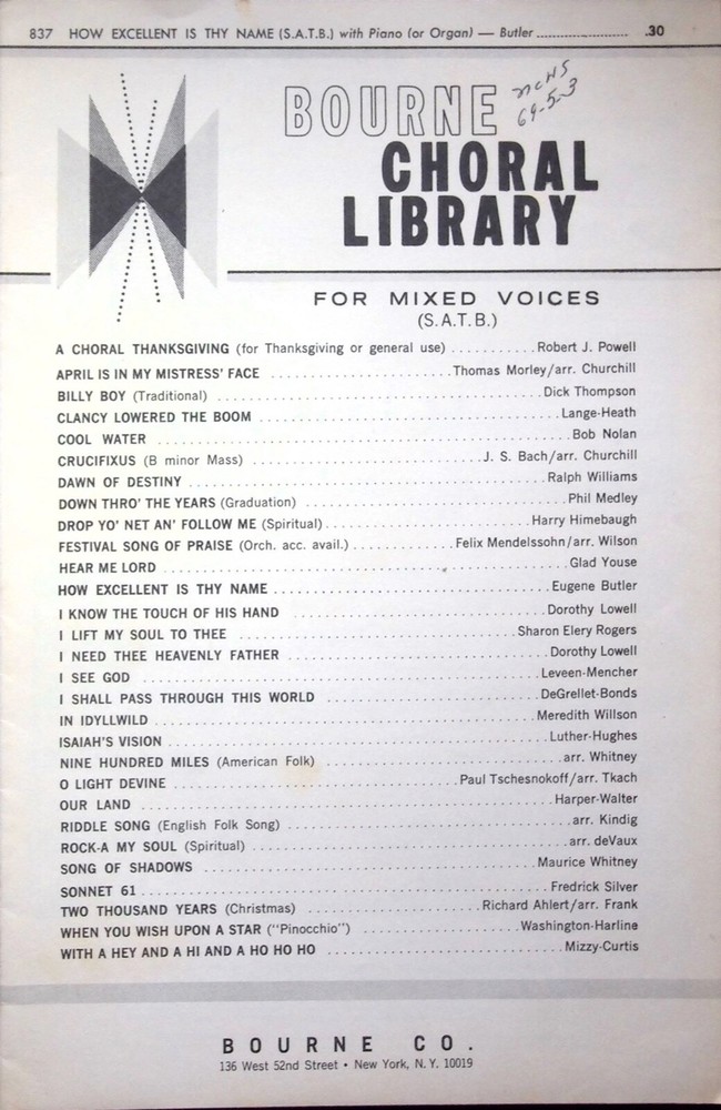 BOURNE CHORAL LIBRARY FOR MIXED VOICES (S.A.T.B.) – MUSIC SHEET