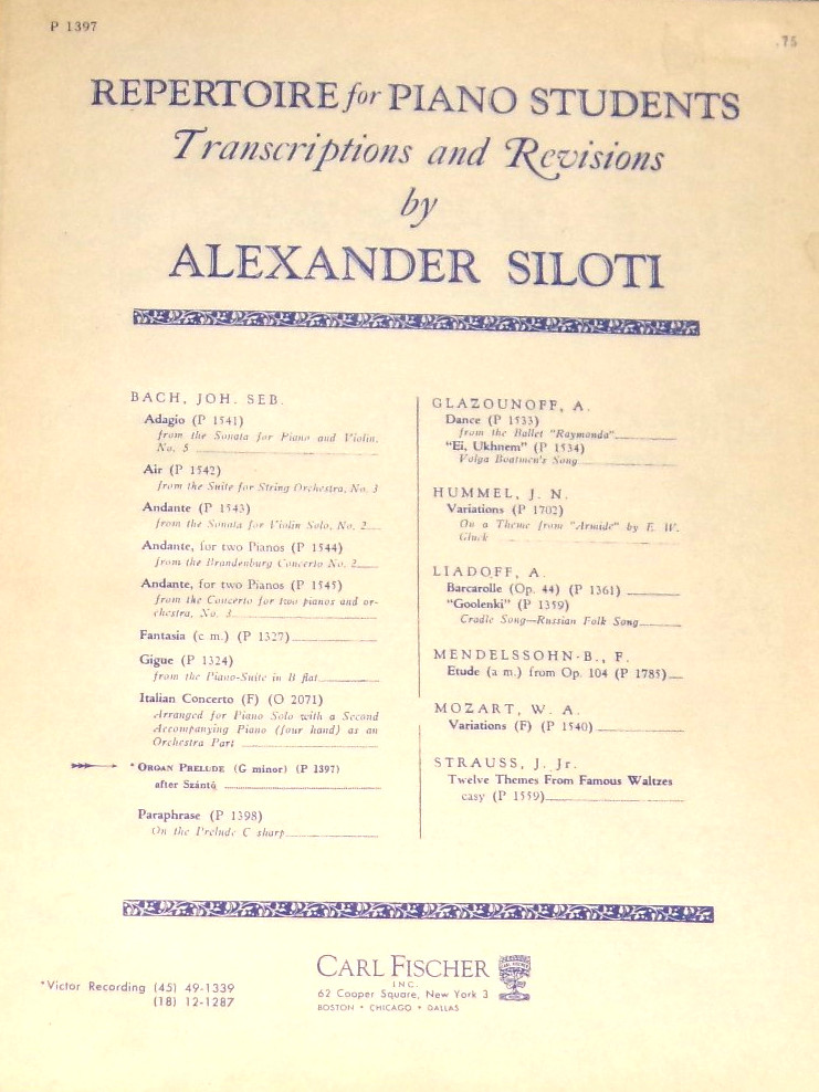 Organ Prelude in G Minor by J. S. Bach for Piano Trans by A. Siloti 1924 NF-