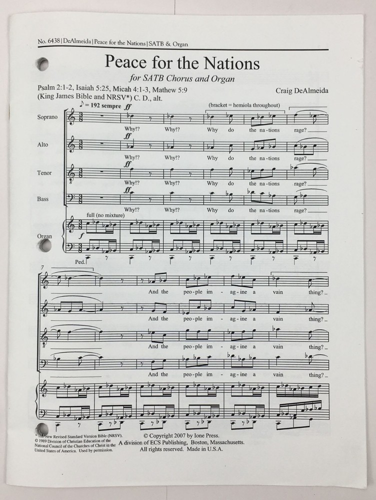 Peace For The Nations SATB Chorus Organ Sheet Music By Craig DeAlmeida ECS Pub