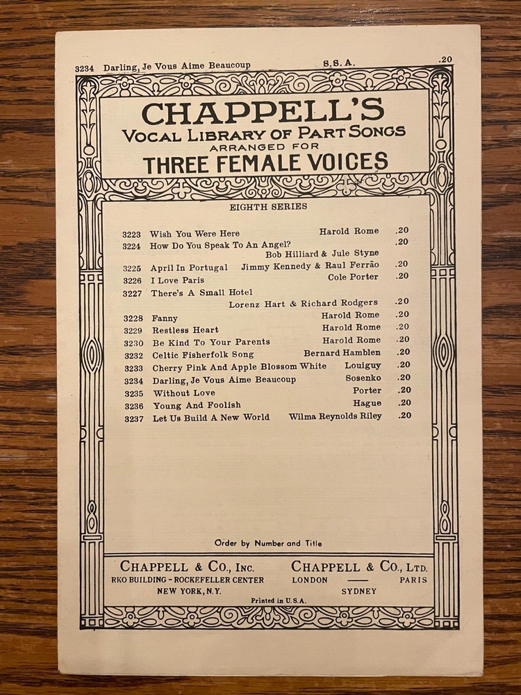 Darling, Je Vous Aime Beaucoup Chappell&rsquo;s Vocal Library 3 Female Voices 1955
