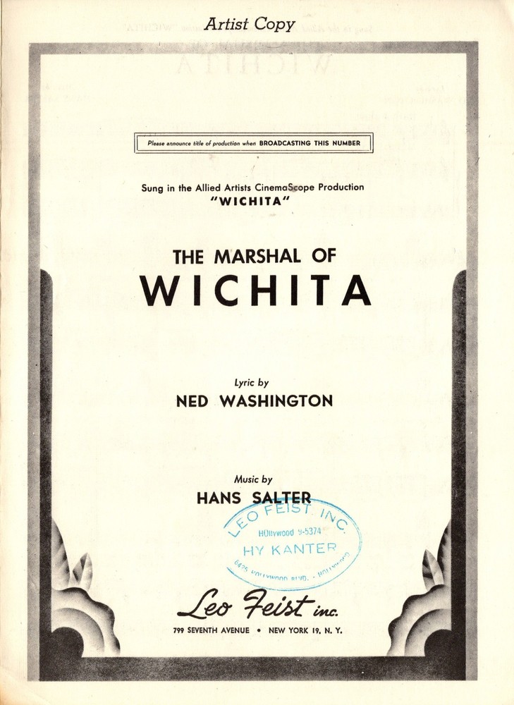 MOVIE SHEET MUSIC: Hans Salter The Marshall of WICHITA – Excellent