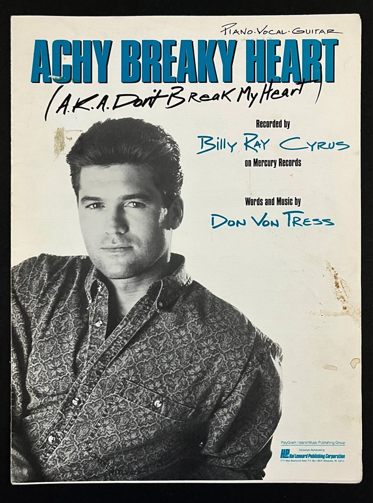 1991 Achy Breaky Heart Billy Ray Cyrus Piano Vocal Guitar Vintage Sheet Music