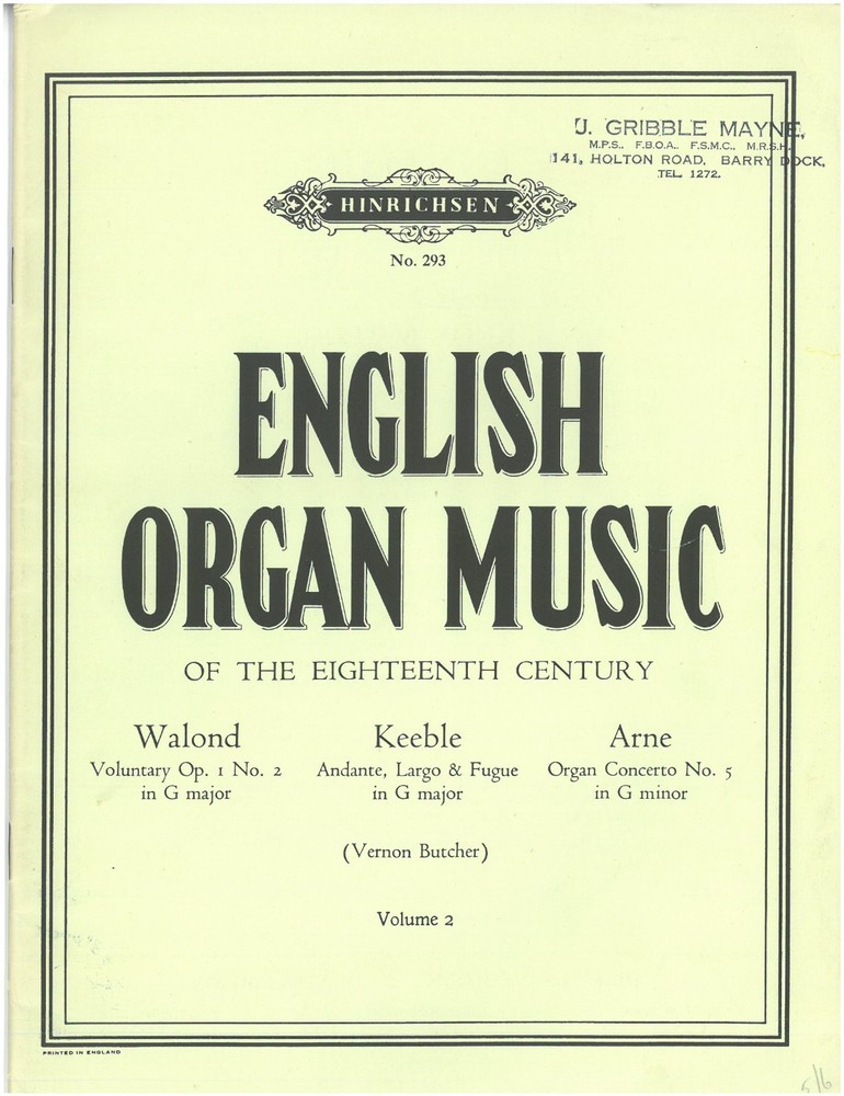 Vernon Butcher English Organ Music, Volume 2 pub. Hinrichsen