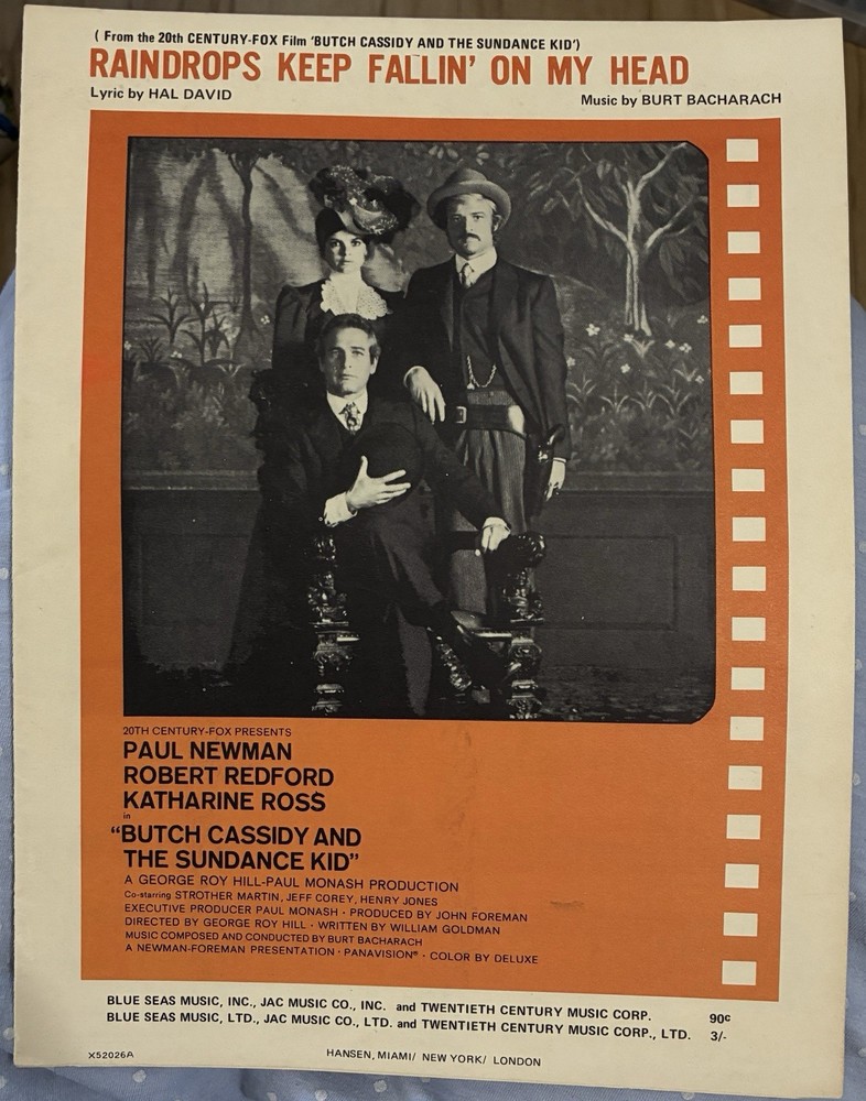 Raindrops Keep Fallin&rsquo; On My Head – 1969 Piano Vocal Sheet Music – Movie Tie-In