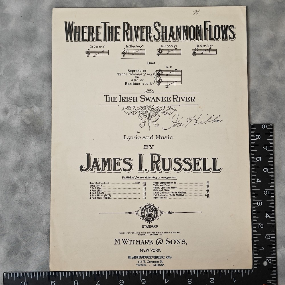 1905 Where The River Shannon Flows Irish Swanee River Sheet Music M Witmark NY