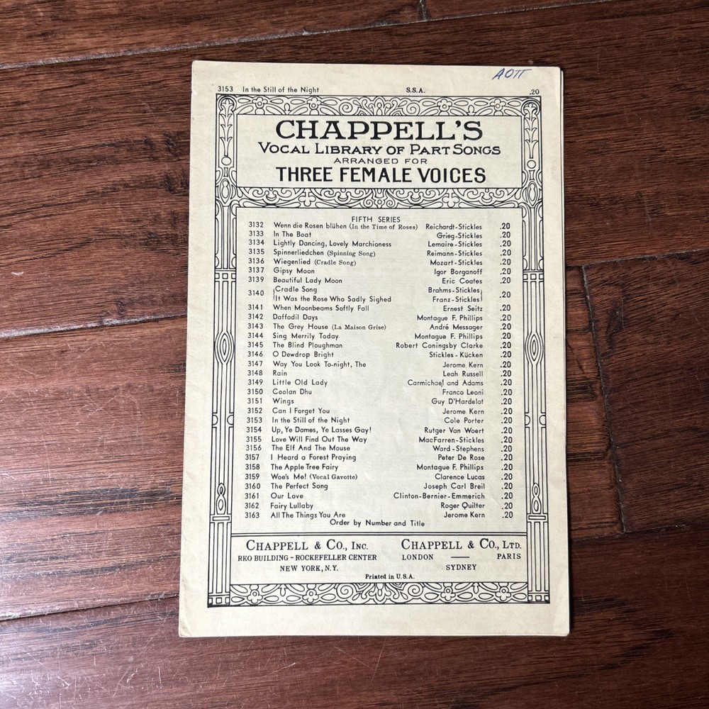 Chappells Vocal Library 3 Female Voices Sheet Music 3153 In The Still Of The Nig