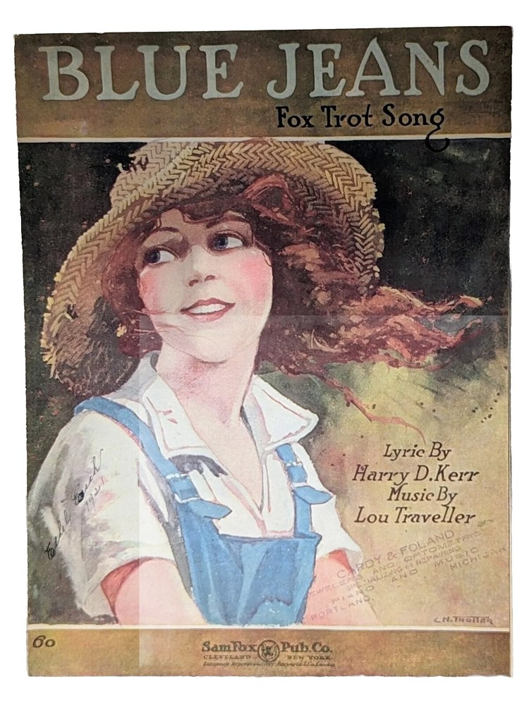 Blue Jeans – 1920 sheet music, Fox Trot song, country girl in overalls cover art