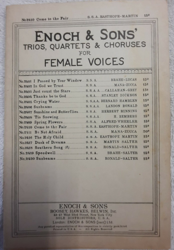 Come To The Fair 1927 Piano Sheet Music 3 PART Choruses Female Voices 10×7 G