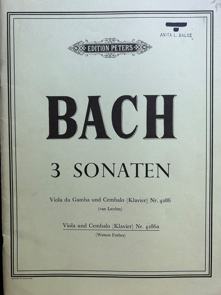 Bach 3 Sonatas Viola & Piano Peters Edition Sheet Music