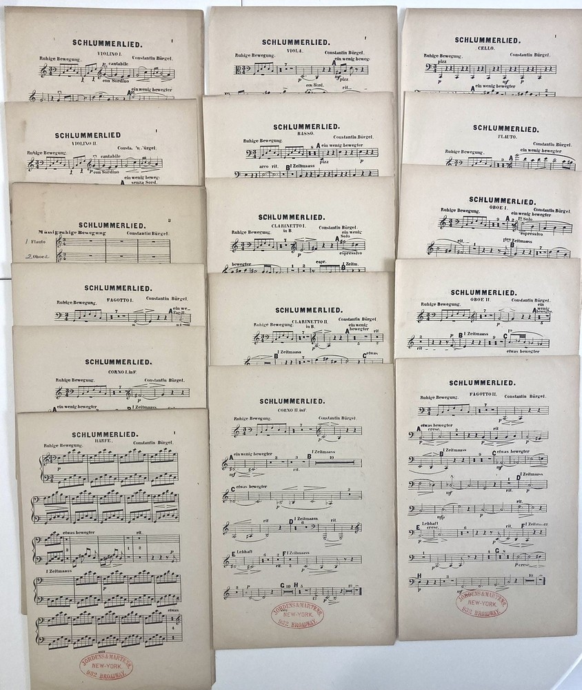 1871 1st Edition Orchestra Score & 15 Parts SCHLUMMERLIED Constantin Burgel HARP