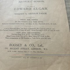 1914 Song sheet LAND OF HOPE AND GLORY Arranged for mixed voices Edward Elgar