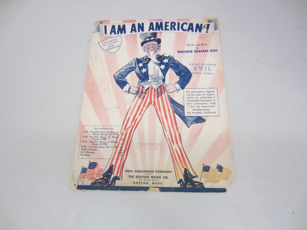 1939 I AM AN AMERICAN by Benjamin Edwards Neal Sheet Music uncle sam cover