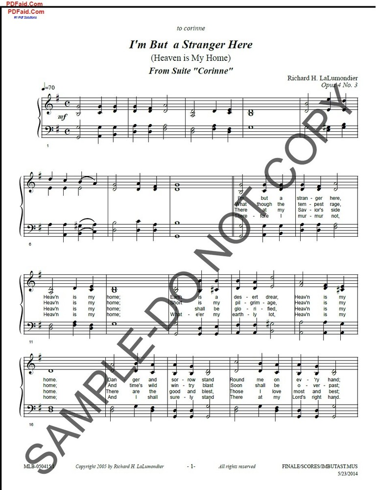 NEW I&rsquo;m But a Stranger Here (Heaven is my Home) f. organ w soprano MLB-050415.1