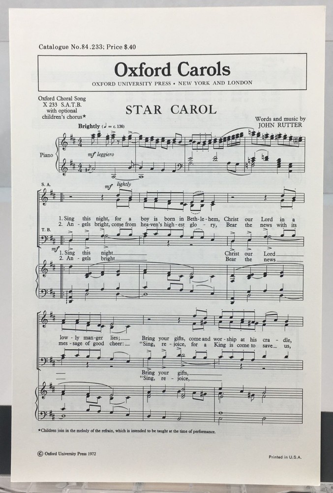Oxford Choral Song Star Carol SATB Chorus Piano Sheet Music By John Rutter 1972