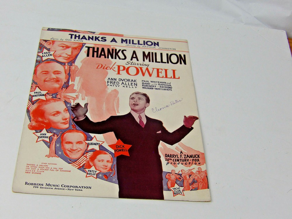 Vintage Sheet Music 1935 Thanks A Million 20th Century Fox Dick Powell
