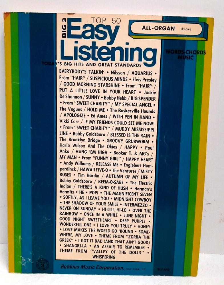 Big 3 Easy Listening Top 50 All-Organ Sheet Music Book 1969 Robbins Music Corp