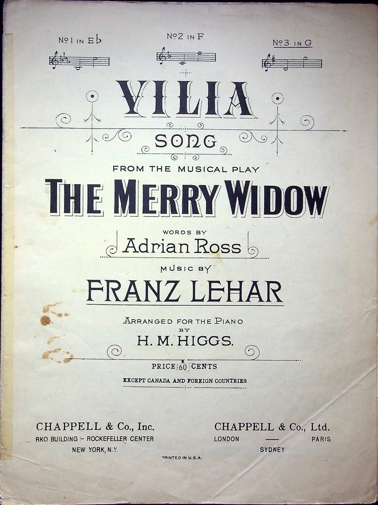 VILIA SONG, MUSICAL PLAY THE MERRY WIDOW WORDS BY ADRIAN ROSS FRANZ LEHAR