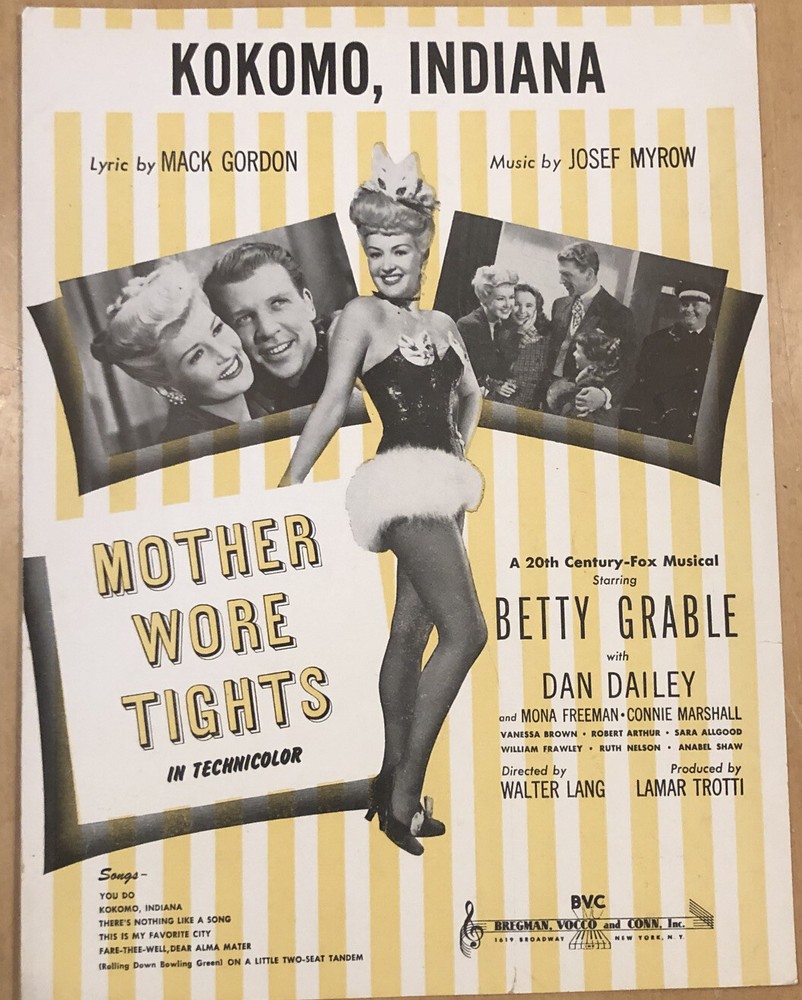 Vintage Sheet Music KOKOMO, INDIANA from 20th Century Fox&rsquo;s Mother Wore Tights