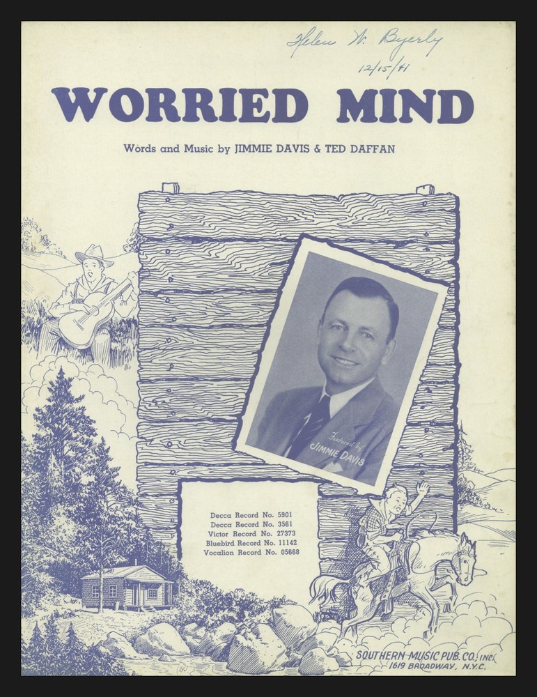 WORRIED MIND 1941 Governor JIMMIE DAVIS Country Cowboy Vintage Sheet Music
