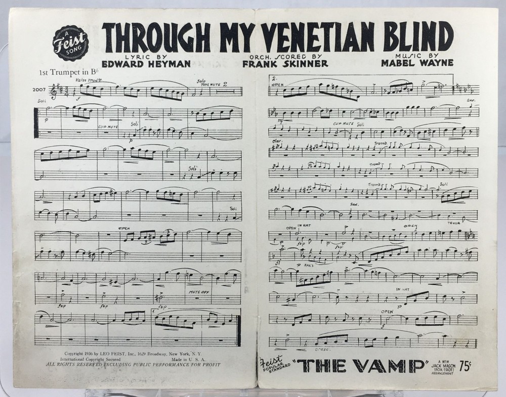 Through My Venetian Blind Trumpet Sheet Music By Mabel Wayne Leo Feist Inc 1936