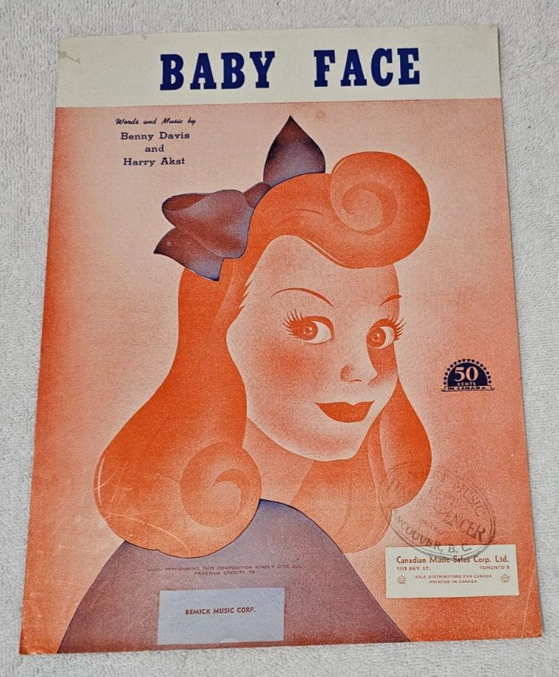 Vintage Sheet Music Words and Music Baby Face, Benny Davis , Harry Akst 1926