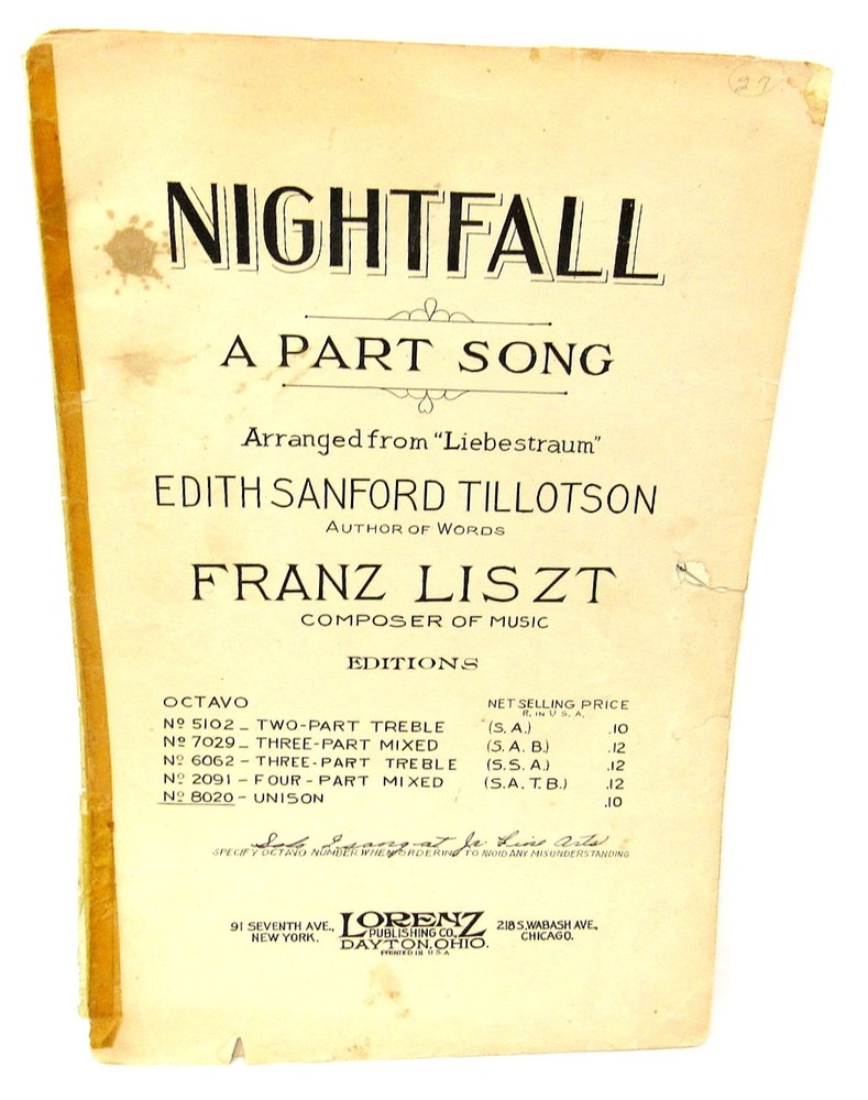Nightfall A Part Song 1932 Arranged from Liebestraum Tillotson Liszt US Seller