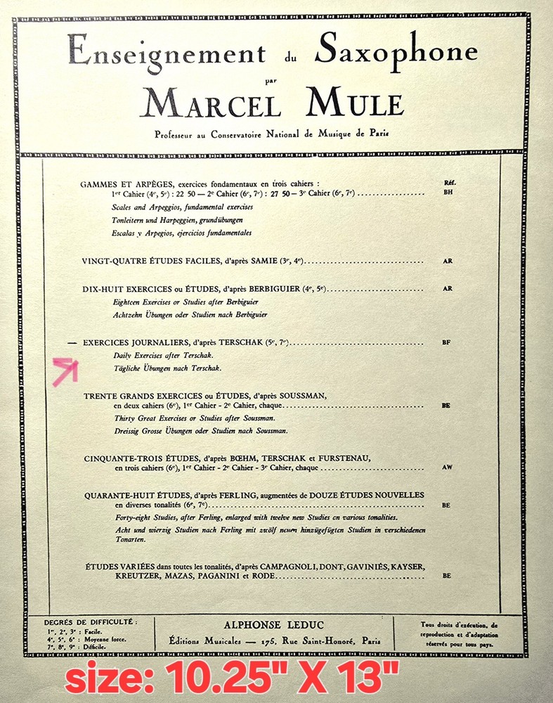 Exercices Journaliers, after Terschak for Saxophone by Marcel Mule Vintage