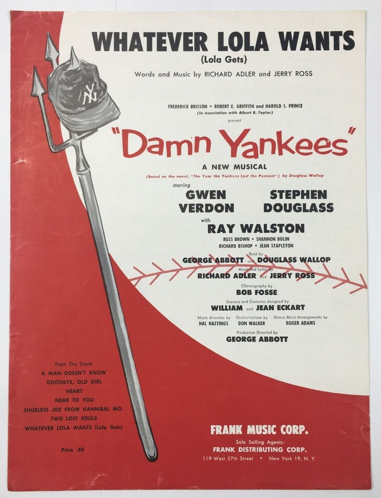 Whatever Lola Wants Piano Ukulele Sheet Music Damn Yankees Frank Music Corp 1955