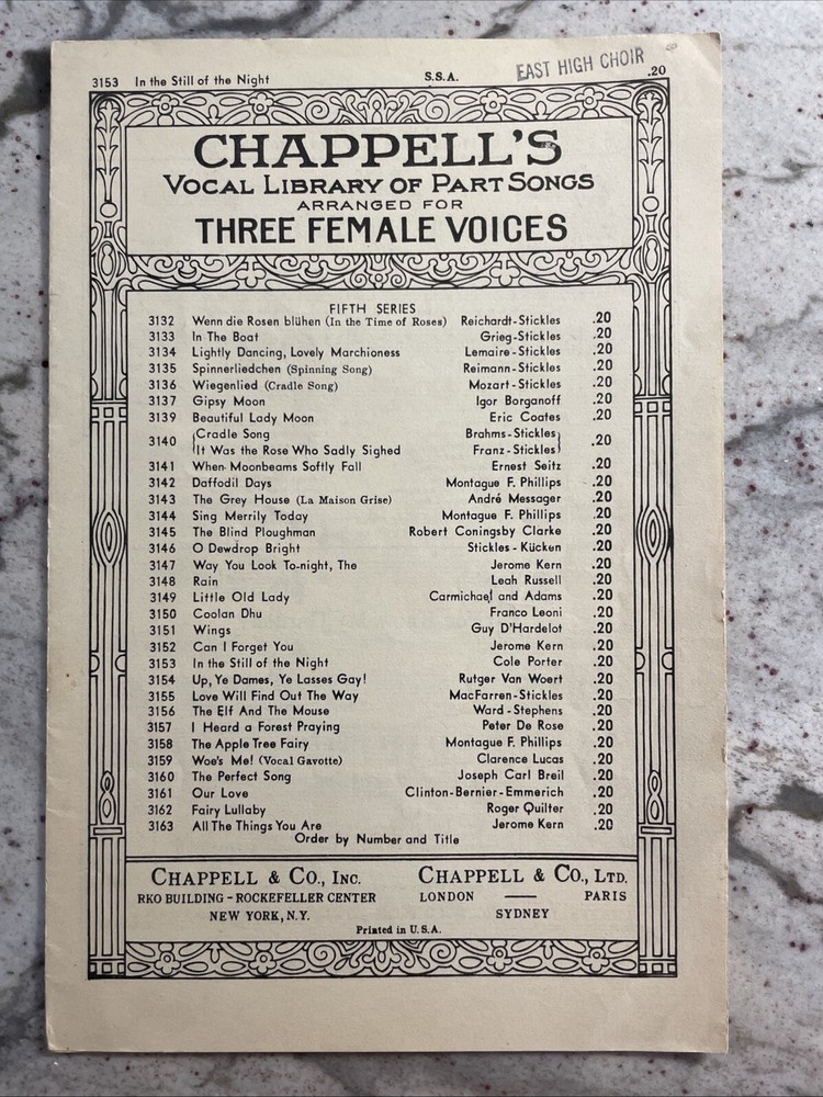Chappells Vocal Library of Part Songs Three Female Voices Sheet Music 3153