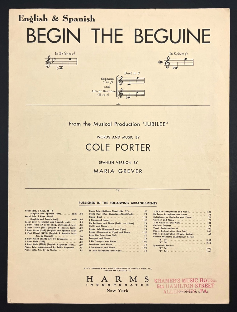 1935 Begin The Beguine English Spanish Jubilee Porter Piano Vocal Sheet Music
