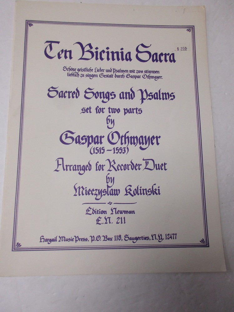 Gaspar Othmayer Ten Bicinia Sacra Sacred Song Psalms Recorder Duet Sheet Music