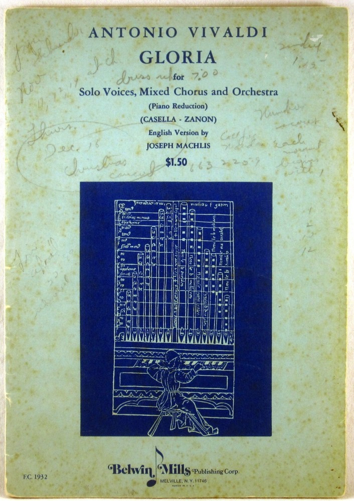 MUSICAL SCORE Vivaldi GLORIA Solo Voices & Piano 1969 BELWIN MILLS FC-1932