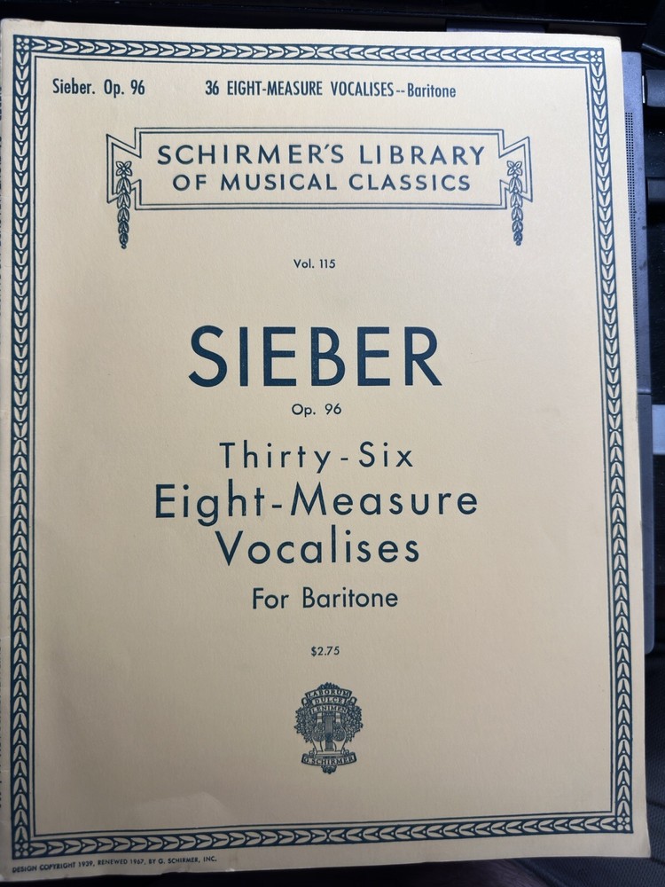 Schirmer Library Vol. 115 SIEBER 36 8-Measure Vocalises For Baritone Mint