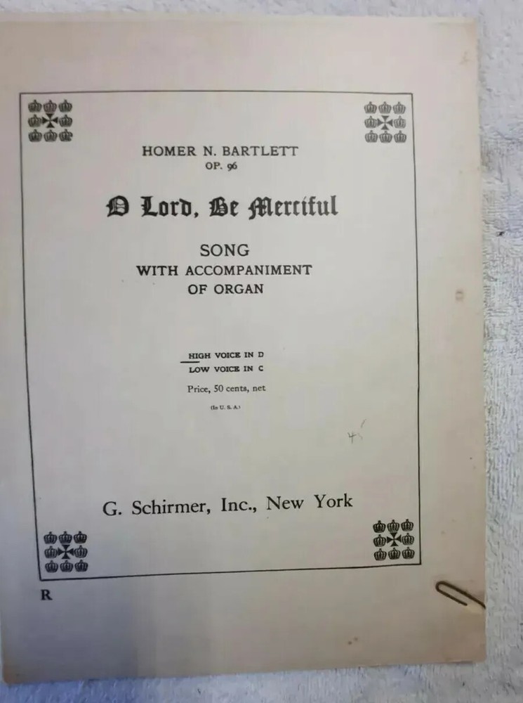 O Lord Be Merciful Homer Bartlett Gospel Organ Piano Vocal Sheet Music 1890