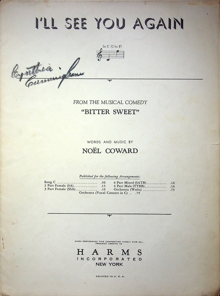 I&rsquo;LL SEE YOU AGAIN SOLO VOICE IN C PIANO 1944 COWARD BITTER SWEET ~ MUSIC SHEETS