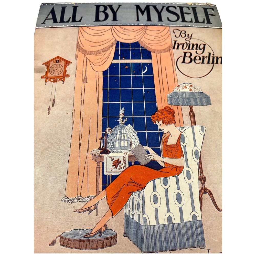 1921 All By Myself Irving Berlin Sheet Music Woman Doll Phone Cuckoo Clock Moon