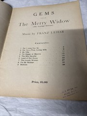 Gems From The Merry Widow 9 Songs By Franz Lehar Vintage Collectible 1906 Music