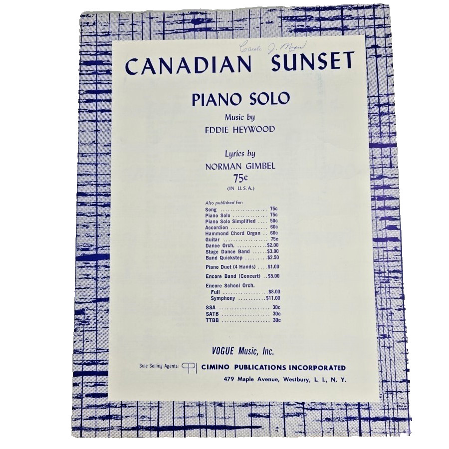 Canadian Sunset Sheet Music Piano Solo Jazz Eddie Heywood 1963 Song Vtg