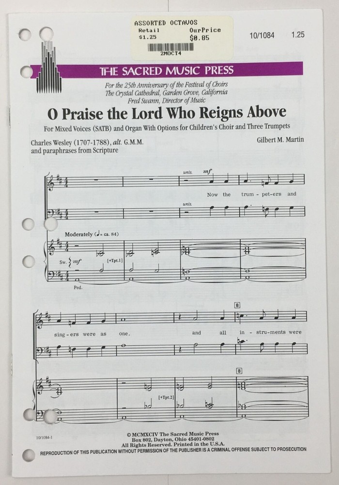 O Praise The Lord Who Reigns Above SATB Choral Organ Trumpet Sheet Music Sacred