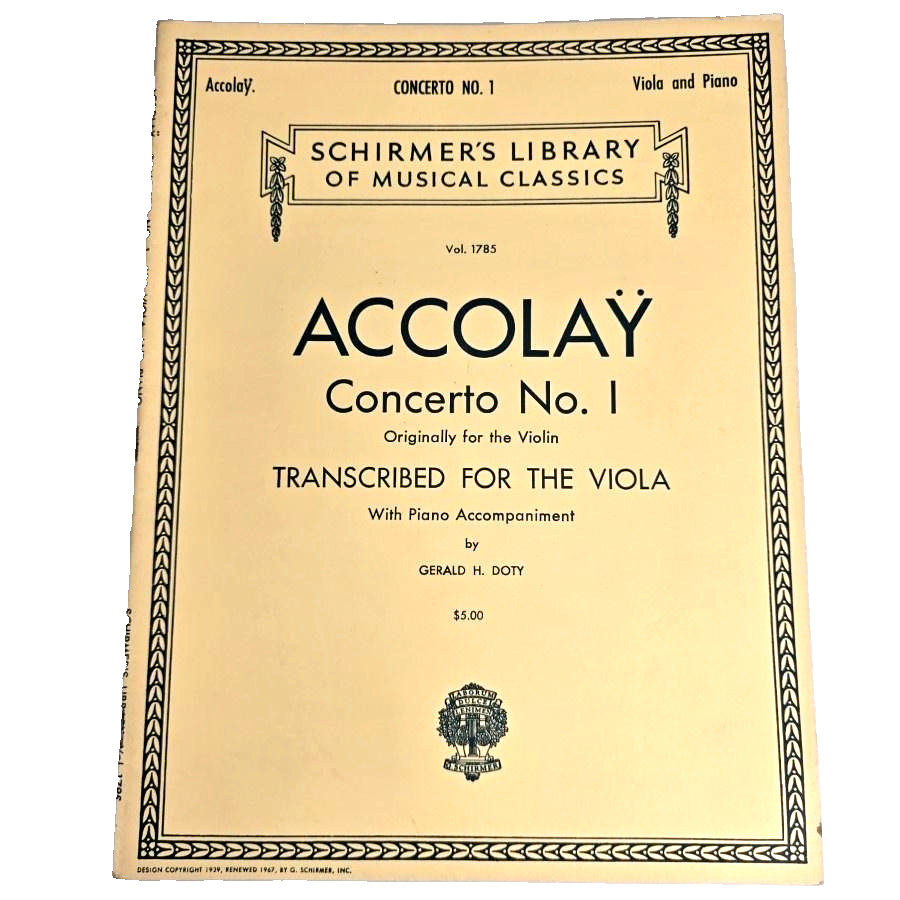 Accolay Concerto No. 1 Viola Piano Solo Sheet Music Schirmer Library 1955 Vtg