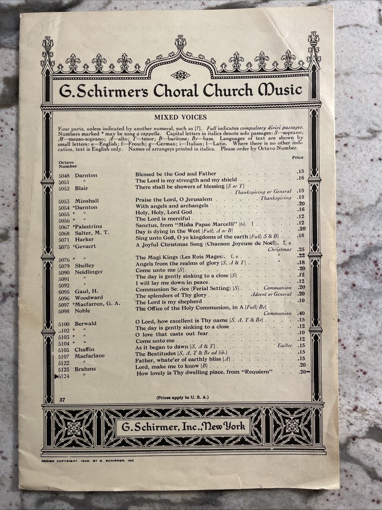 G. SCHIRMERS CHORAL CHURCH MUSIC, MIXED VOICES, 1940