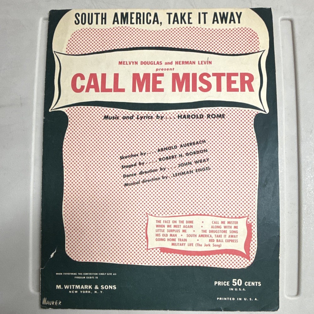 M. Witmark & Sons South America, Take It Away Call Me Mister Sheet Music V-58