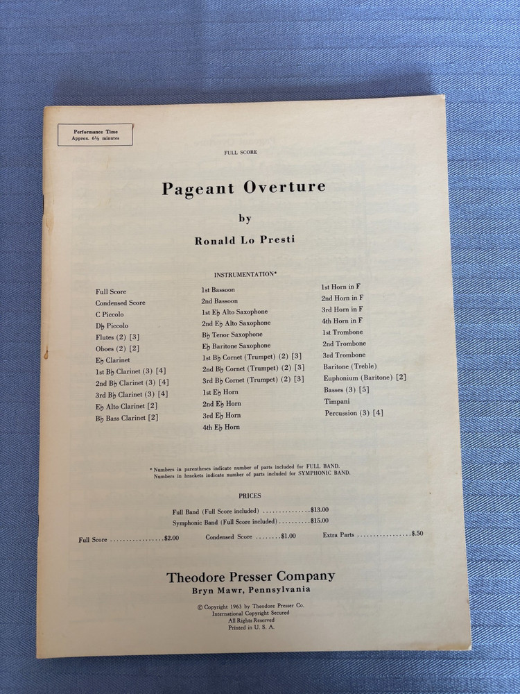 Pageant Overture for Concert Band by Ronald Lo Presti: Full Score 1963