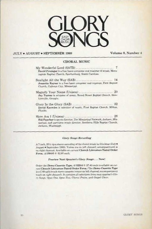 Glory Songs Vocal Selections July-Aug-Sept 1989 SATB SAB Unison